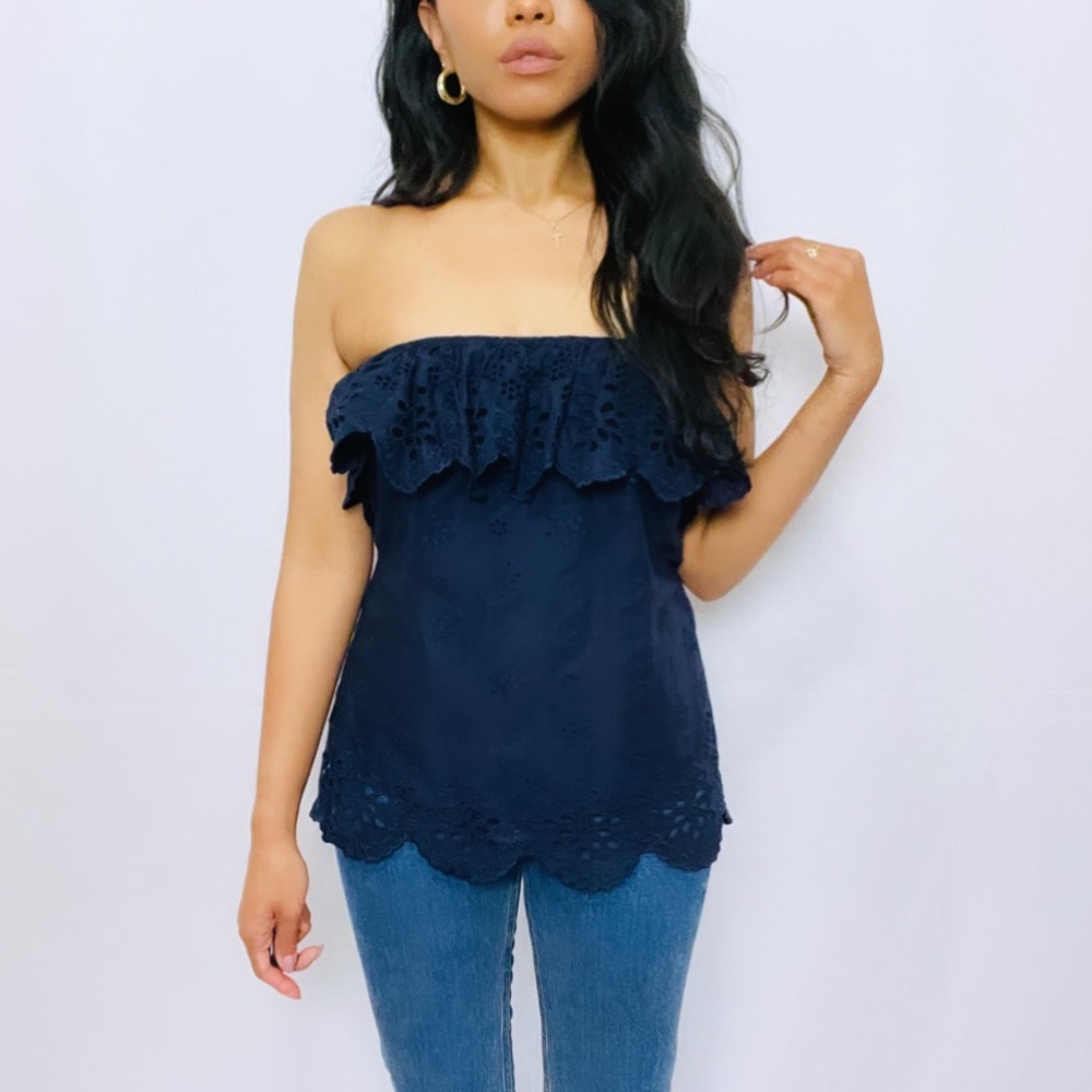 Milly | Blue 100% Cotton Eyelet Lace Ruffle Strapless Top with Scalloped Hem  4 - Picture 10 of 12